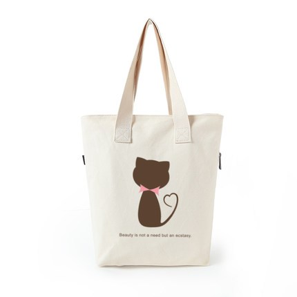 品名: 潮牌大容量帆布袋手提包袋單肩包手提袋拉鍊袋環保袋(咖啡貓) J-13911