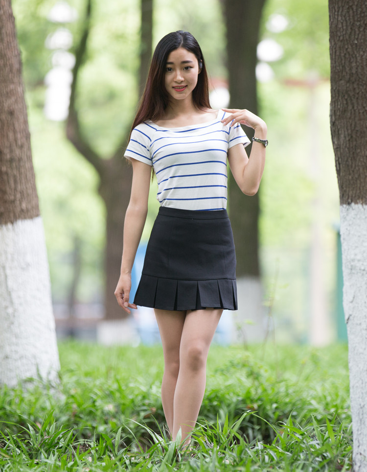 品名: 韓版學院風高腰半身裙短裙a字裙百褶裙包臀裙(藏青色) J-13557