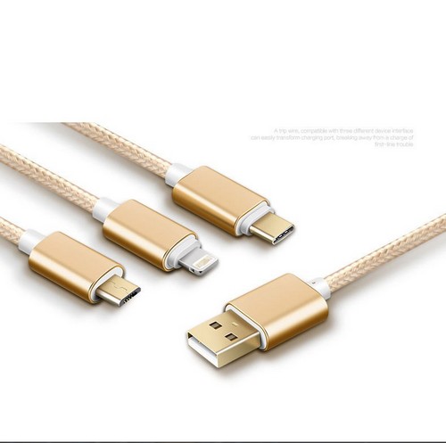 品名: 適用APPLE 蘋果安卓TypeC 三合一數據線手機數據線充電線(金色) J-14046