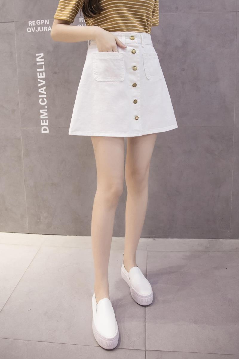 品名: 韓國東大門排口牛仔裙時髦大口袋A字高腰牛仔短裙(白色) J-13343