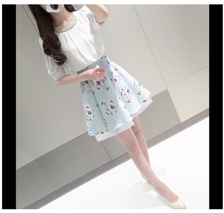 品名: 韓版假兩件名媛套裝短袖雪紡小香風裙子連衣裙(淺藍色) J-13400