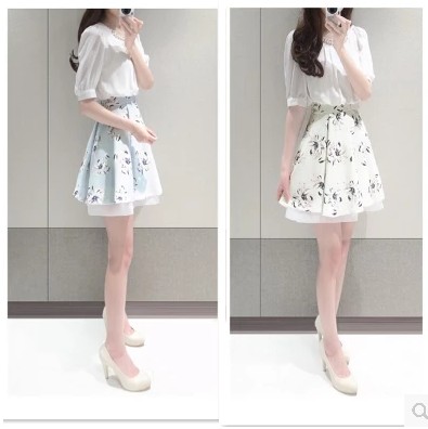 品名: 韓版假兩件名媛套裝短袖雪紡小香風裙子連衣裙(米白色) J-13401
