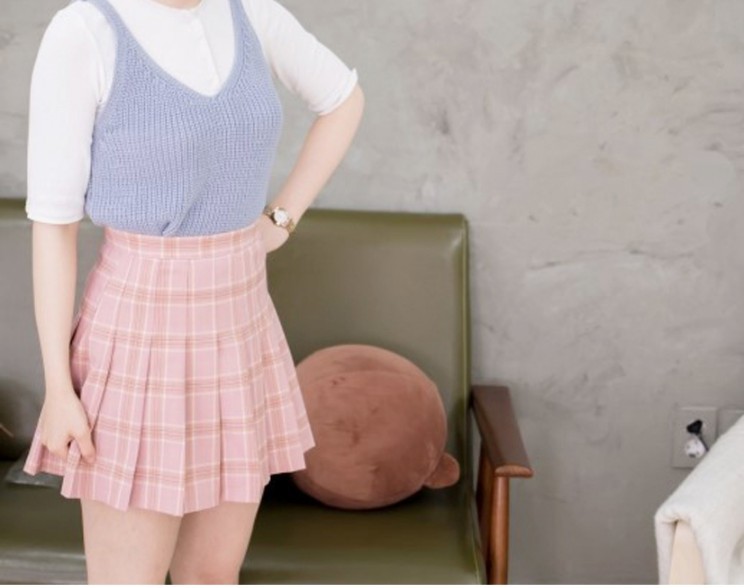 品名: 韓版學院風高腰半身短裙A字格子百褶裙網球裙(粉色格) J-12934