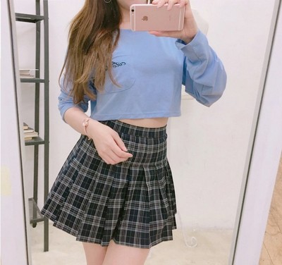 品名: 韓版學院風高腰半身短裙A字格子裙百褶裙網球裙(深黑藍色) J-12935