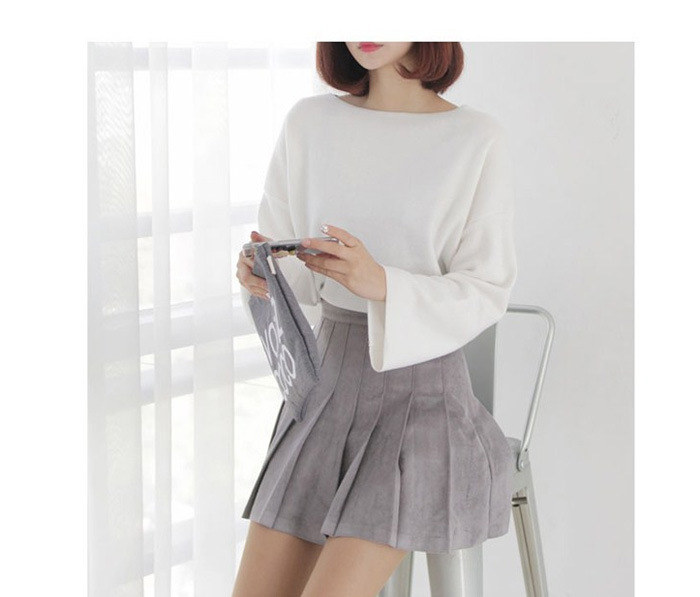 品名: 韓版學院風百褶裙鹿皮絨短裙半身裙A字裙(灰色) J-13106