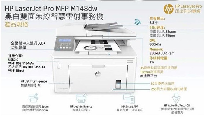 HP LaserJet Pro MFP M148fdw 無線黑白雷射雙面傳真事務機真雙面列印